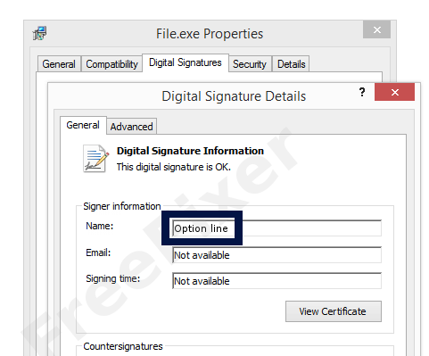 Screenshot of the Option line certificate